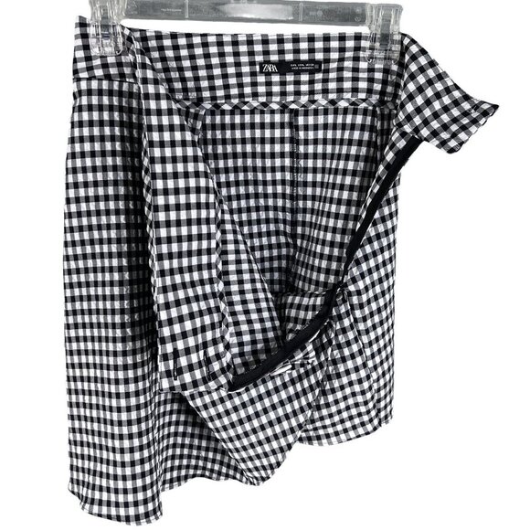 Zara Womens L Black White Gingham Mini Skirt Crossover Button Detail Coquette - Picture 6 of 15